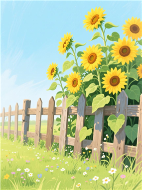 水粉画风格卡通向日葵栅栏图片